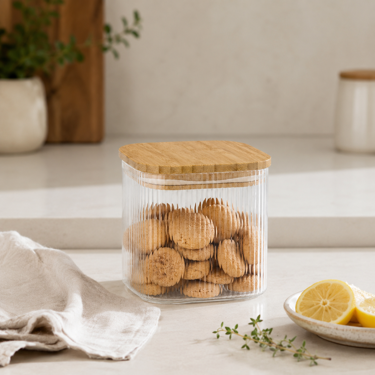 Opbevaringsglas med Bambuslåg - Riflet Glas - 720 ml