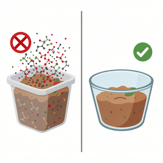 Plastikbeholder med PFAS og mikroplast kemikalier sammenlignet med ren og giftfri glasbeholder