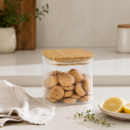 Opbevaringsglas med Bambuslåg - Riflet Glas - 720 ml