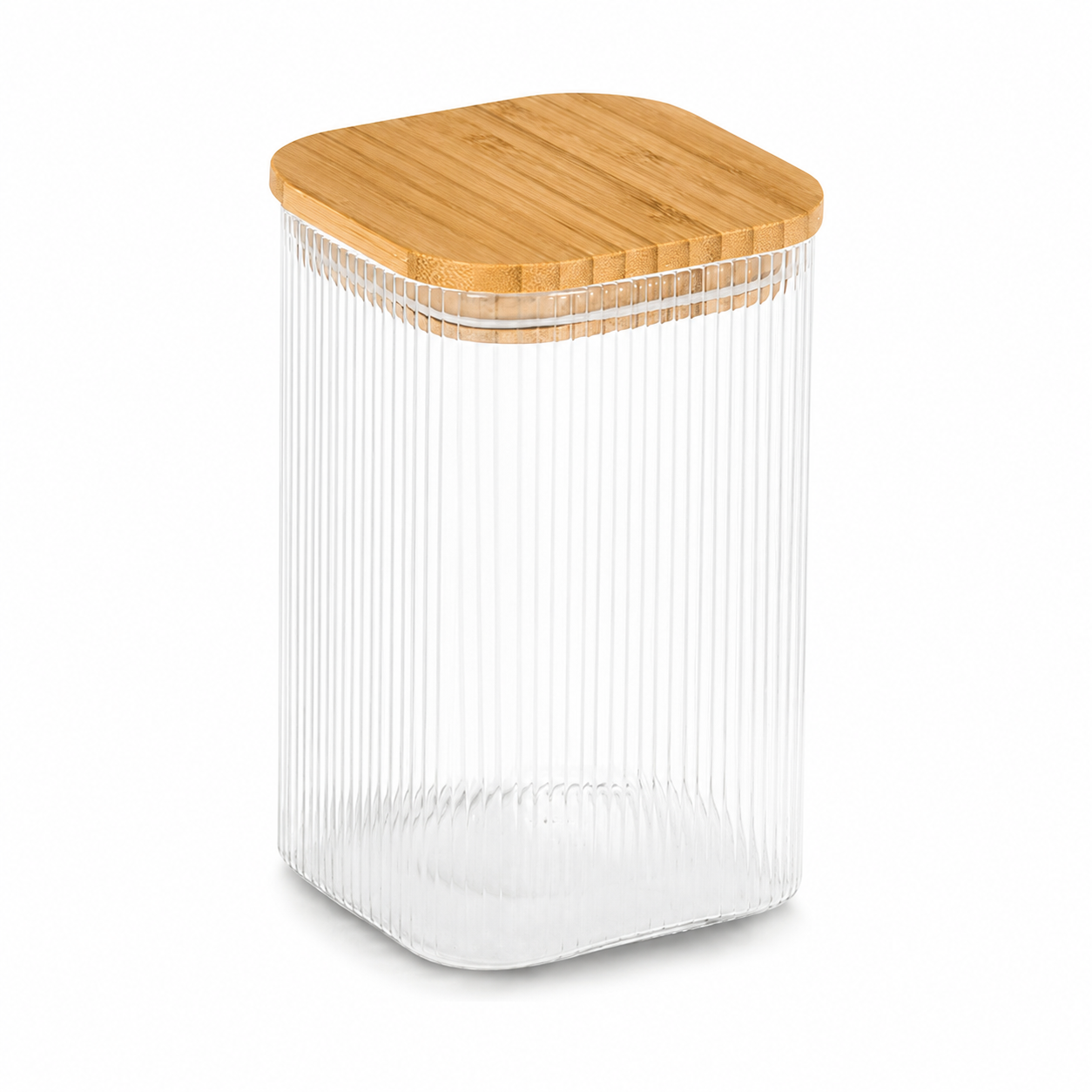 Opbevaringsglas med Bambuslåg - Riflet Glas, Højt - 1150 ml