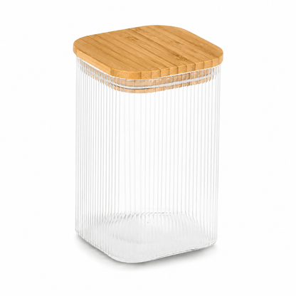 Opbevaringsglas med Bambuslåg - Riflet Glas, Højt - 1150 ml