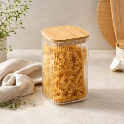 Opbevaringsglas med Bambuslåg - Riflet Glas, Højt - 1150 ml