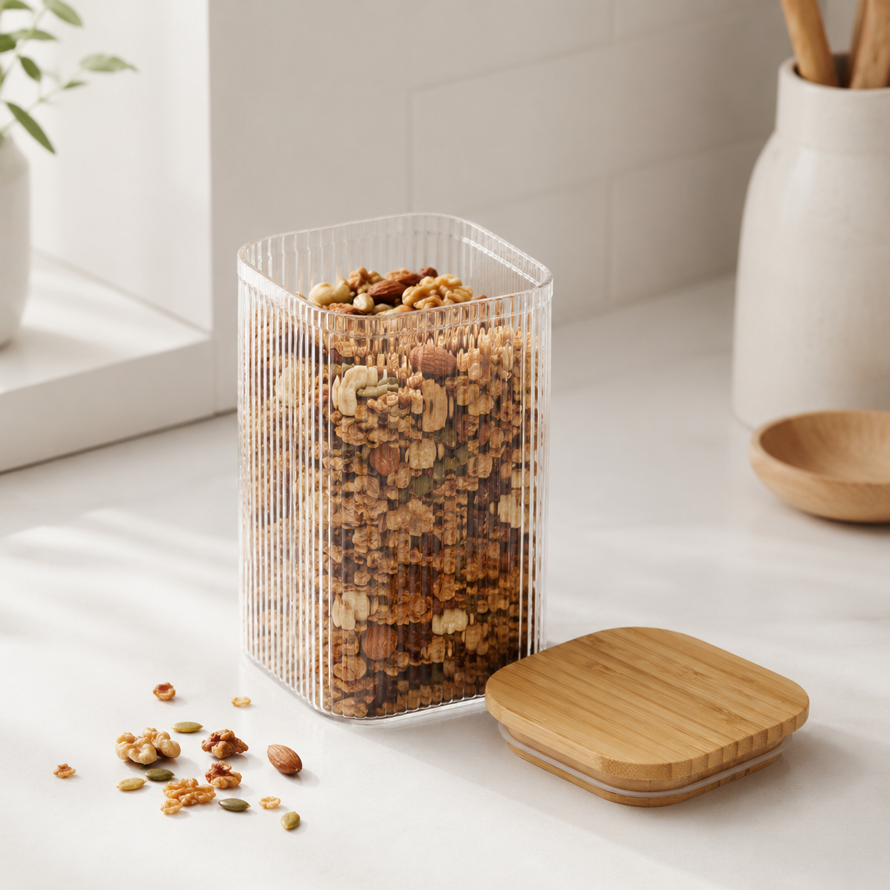 Opbevaringsglas med Bambuslåg - Riflet Glas, Højt - 1150 ml