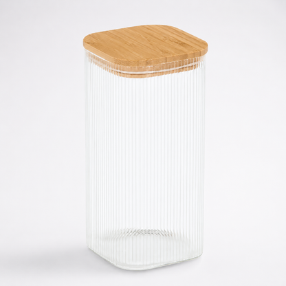 Opbevaringskrukke med Bambuslåg - Riflet Glas, Stor - 1500 ml