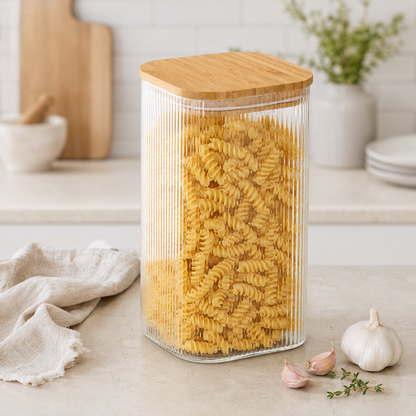 Opbevaringskrukke med Bambuslåg - Riflet Glas, Stor - 1500 ml