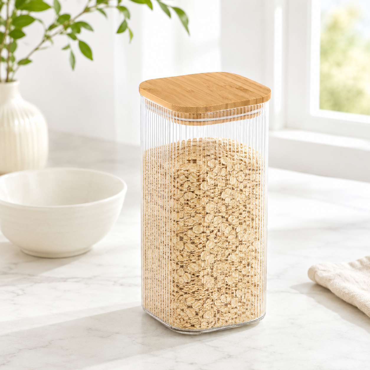 Opbevaringskrukke med Bambuslåg - Riflet Glas, Stor - 1500 ml