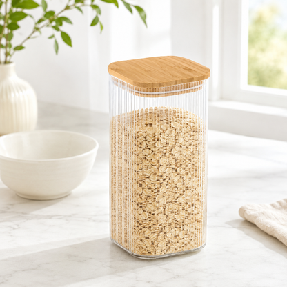 Opbevaringskrukke med Bambuslåg - Riflet Glas, Stor - 1500 ml
