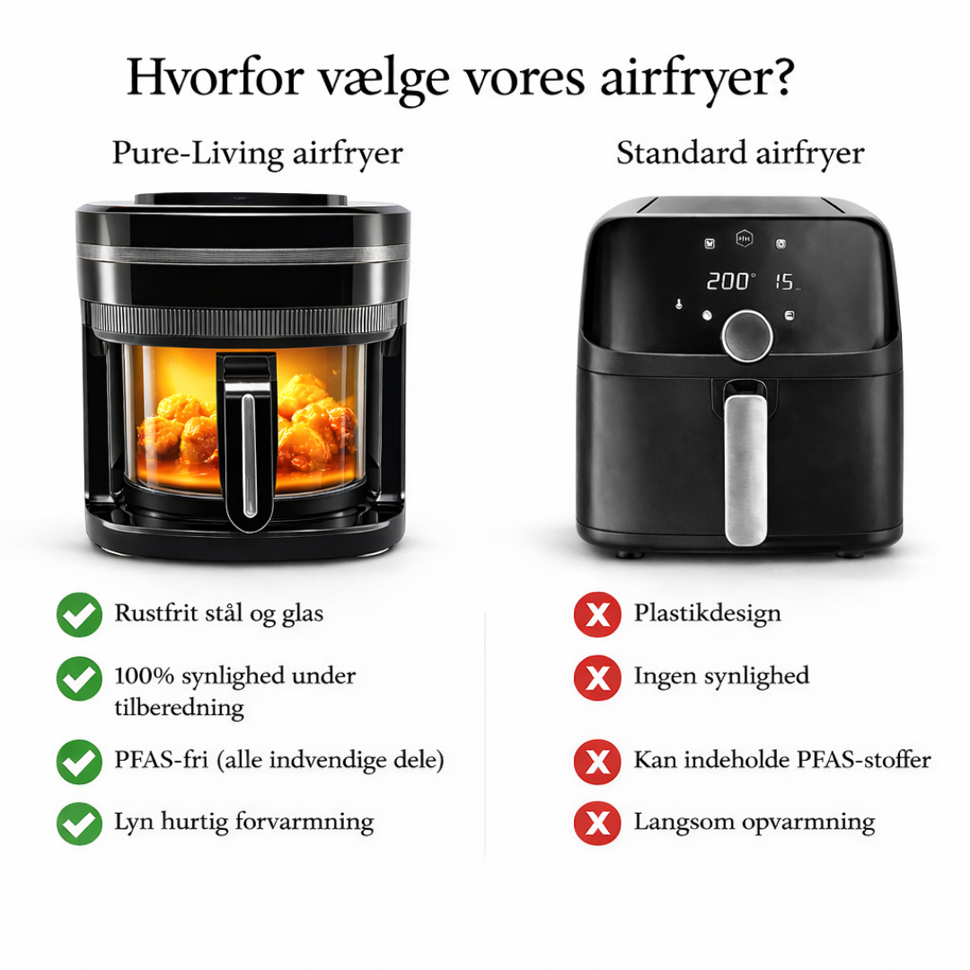 Sammenligning af Pure-Living glas airfryer og standard airfryer – PFAS-fri airfryer i rustfrit stål og glas med fuld synlighed under tilberedning.
