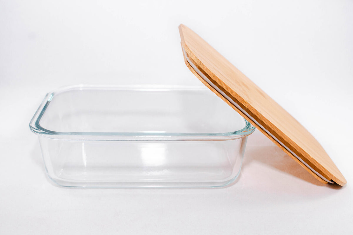 Bambus låg og glasskål fra Pure-Living med silikone kant for tæt lukning og sikker opbevaring til meal prep